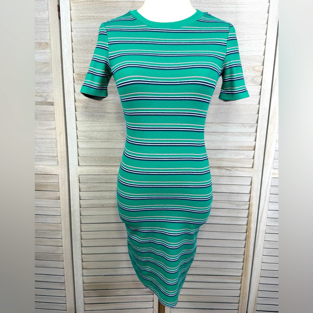H&M T-Shirt Dress Short Sleeve Bodycon Green/Multi Stripes-4